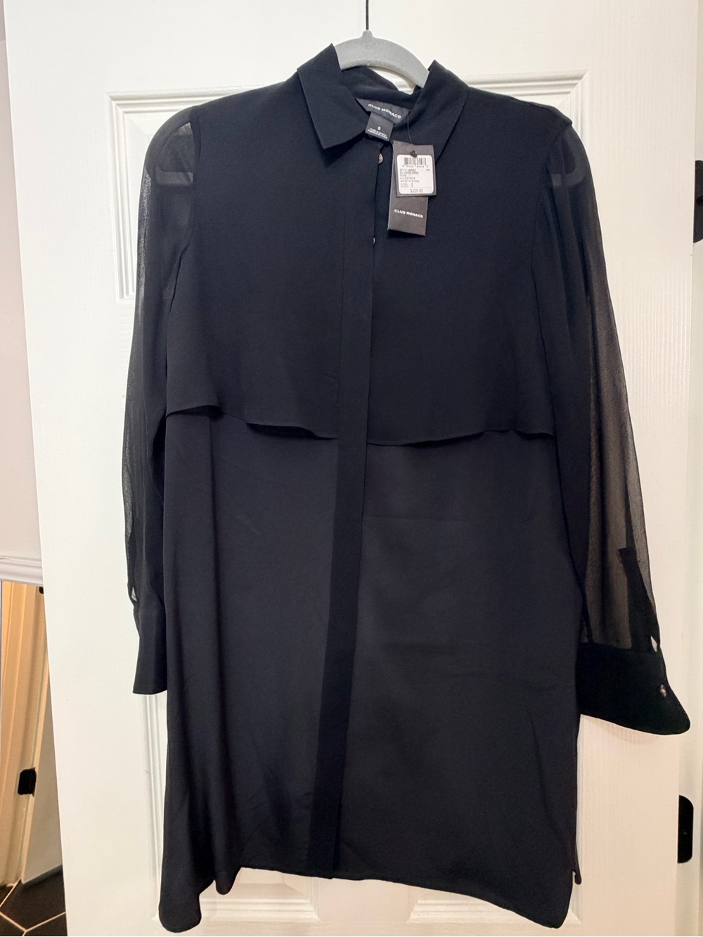 Club Monaco Black Long-Sleeve Sheer-Sleeve Shirt Dress